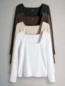 The Set 4 Pack Trim Square Neck Ribbed Tops Black/Chocolate Brown/Cream/White