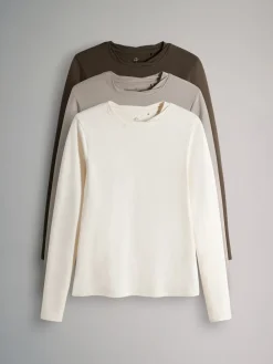 The Set 3 Pack Twist Neck Long Sleeve T-Shirts Chocolate Brown/Taupe Brown/Cream Clearance