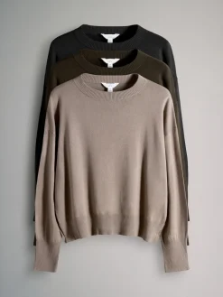 The Set Black/Brown/Neutral 3 Pack Fine Knit Crew Neck Jumpers Best