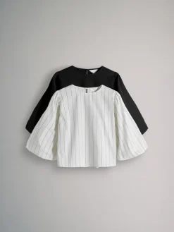 The Set Black/White Pinstripe Puff Sleeve Poplin Blouse 2 Pack Discount