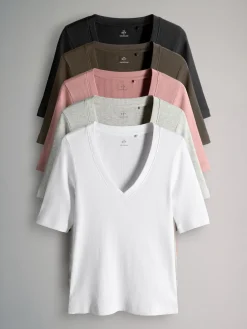 The Set Multi 5 Pack V-Neck Short Sleeve Ribbed T-Shirts New