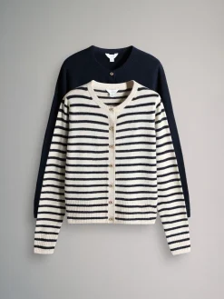 The Set Navy/Cream Stripe 2 Pack Gold Button Knitted Cardigans With Wool Sale