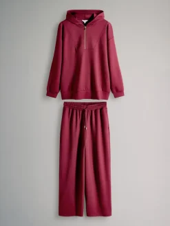 The Set Oversized Modal Zip Through Sweatshirt & Joggers Set Burgundy Red New