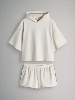 The Set Soft Touch Ribbed Sweat Hoodie And Shorts Set Cream Hot