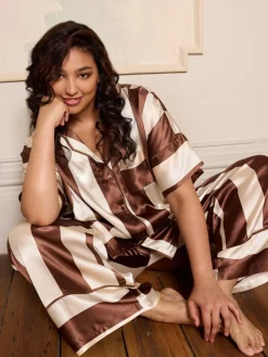 Their Nibs Brown Stripe Satin Oversized Long Pyjamas Set