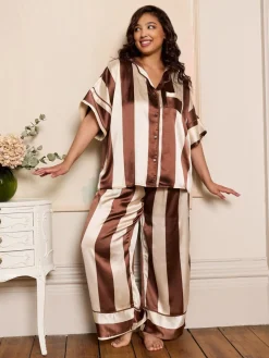 Their Nibs Brown Stripe Satin Oversized Long Pyjamas Set