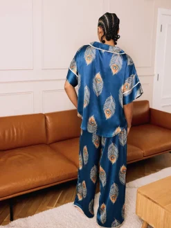 Their Nibs Navy Blue Gold Peacock Satin Oversized Long Pyjamas Set Online