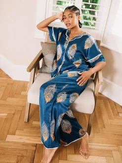 Their Nibs Navy Blue Gold Peacock Satin Oversized Long Pyjamas Set Online