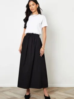 Threadbare Black Cotton Poplin Tie Waist Skirt with Pockets Hot