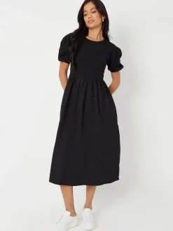 Threadbare Black Puff Sleeve Jersey Poplin Mix Maxi Dress