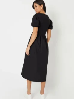 Threadbare Black Puff Sleeve Jersey Poplin Mix Maxi Dress