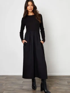 Threadbare Black Rib Jersey 2-In-1 Midi Dress with Poplin Skirt New