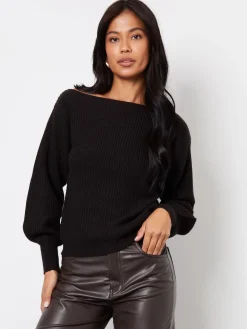 Threadbare Slash Neck Chunky Knit Jumper Black Clearance