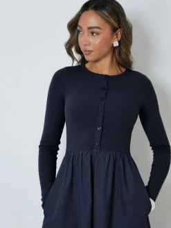 Threadbare 2-in-1 Jersey Poplin Mix Button Down Dress Blue Discount