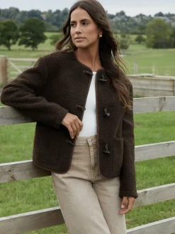 Threadbare Borg Fleece Toggle Jacket Brown Outlet