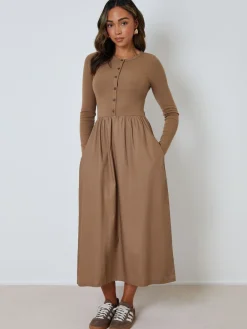 Threadbare 2-in-1 Jersey Poplin Mix Button Down Dress Brown Sale