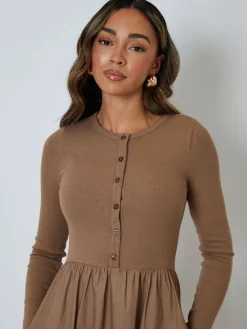 Threadbare 2-in-1 Jersey Poplin Mix Button Down Dress Brown Sale