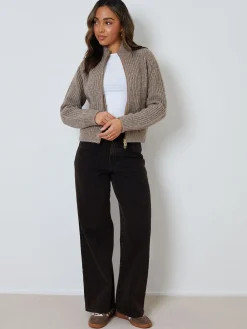 Threadbare Zip Through Knitted Bomber Jacket Brown New