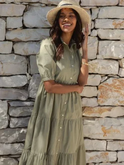 Threadbare 100% Cotton Short Sleeve Collared Broderie Maxi Shirt Dress Green Clearance