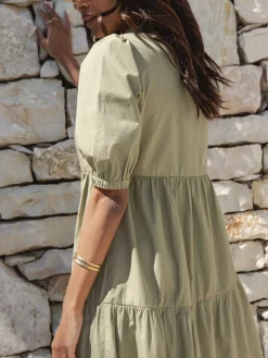 Threadbare 100% Cotton Short Sleeve Collared Broderie Maxi Shirt Dress Green Clearance