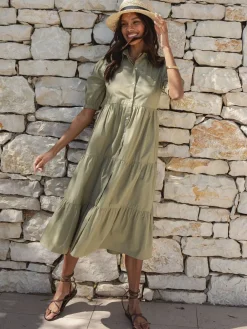 Threadbare 100% Cotton Short Sleeve Collared Broderie Maxi Shirt Dress Green Clearance