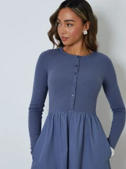 Threadbare 2-in-1 Jersey Poplin Mix Button Down Dress Light Blue Best