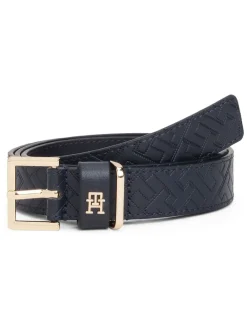 Tommy Hilfiger Blue Leather Embossed Logo Belt Clearance