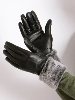 Totes Black Isotoner Ladies Leather Gloves with Faux Fur Cuff Best