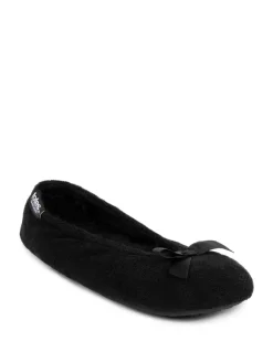 Totes Isotoner Terry Ballet Slippers With Bow Black New