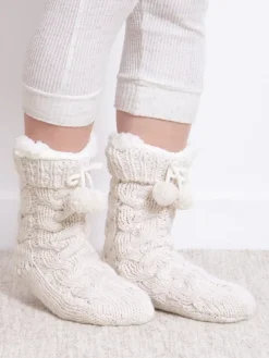 Totes Cream Toasties Ladies Luxury Chunky Knit Slipper Socks Sale
