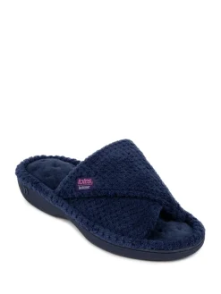 Totes Ladies Isotoner Popcorn Turnover Open Toe Slippers Navy Discount