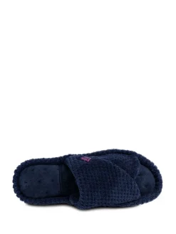 Totes Ladies Isotoner Popcorn Turnover Open Toe Slippers Navy Discount