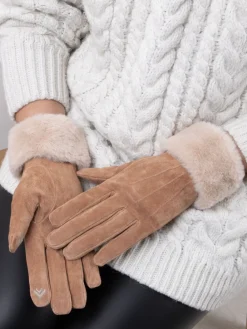 Totes Nude Isotoner Winter Three Point Suede Ladies Gloves with Faux Fur Cuff Outlet