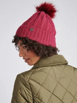 U.S. Polo Assn . Twist Cable Fur Bobble Knit Beanie Pink