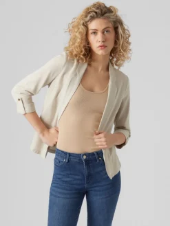 VERO MODA Linen Blend 3/4 Sleeve Jacket Beige Hot