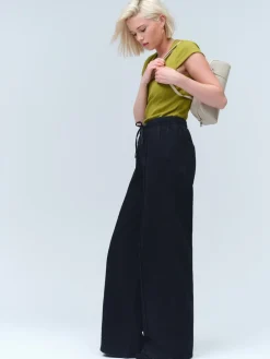 Next Pintuck Wide Leg Denim Joggers Washed Black Sale