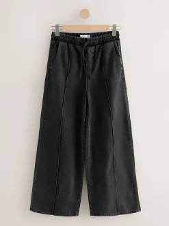 Next Pintuck Wide Leg Denim Joggers Washed Black Sale