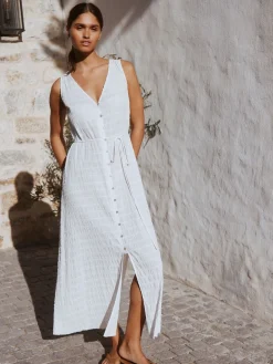 Next White Button Through Tie Waist Sleeveless Maxi Dress
