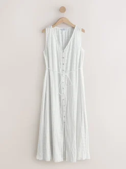 Next White Button Through Tie Waist Sleeveless Maxi Dress