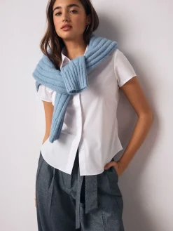 Next Fitted Stretch Essential Short Sleeve Shirt White Sale