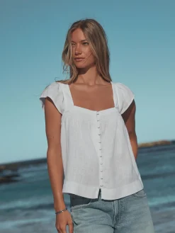 Next Flutter Sleeve Button Front Top With Linen White