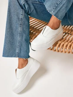 Next Slip On Signature Leather Chunky Wedge Platform Trainers White Discount