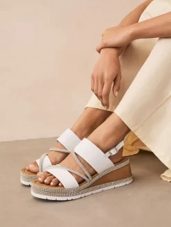 Next Standard/Wide Fit Leather Bling Detail Slingback Sports Wedge Sandals White