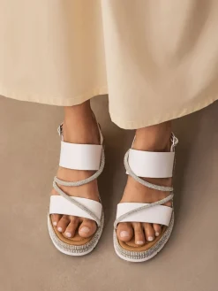 Next Standard/Wide Fit Leather Bling Detail Slingback Sports Wedge Sandals White