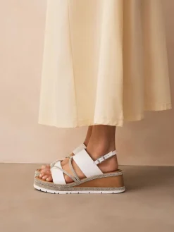 Next Standard/Wide Fit Leather Bling Detail Slingback Sports Wedge Sandals White