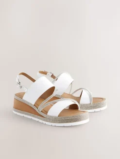 Next Standard/Wide Fit Leather Bling Detail Slingback Sports Wedge Sandals White