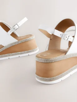 Next Standard/Wide Fit Leather Bling Detail Slingback Sports Wedge Sandals White