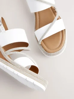 Next Standard/Wide Fit Leather Bling Detail Slingback Sports Wedge Sandals White