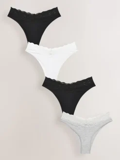 Next Extra High Leg Cotton Lace Knickers 4 Pack White/Black/Grey New