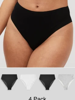 Next White/Black/Grey High Rise High Leg Cotton Lace Knickers 4 Pack Sale